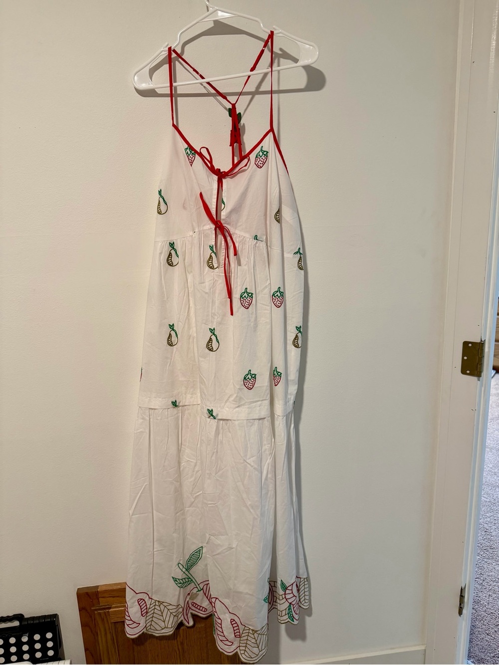 Anthropologie White Maxi Dress with Red Trim and Fruit Embroidery - Picture 1 of 3